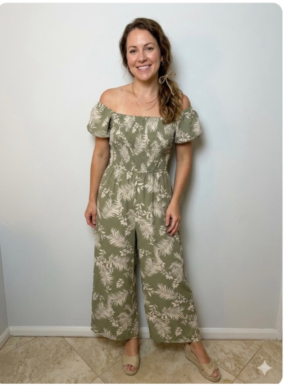 Inspired Hearts Olive Green Tropical Palm Leaf Print Smocked Jumpsuit L F1